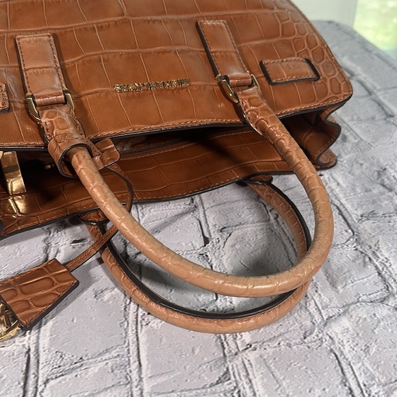 Michael Kors Dillon Satchel Croc Embossed Leather Shoulder Cognac Tan Purse Bag - Picture 9 of 16